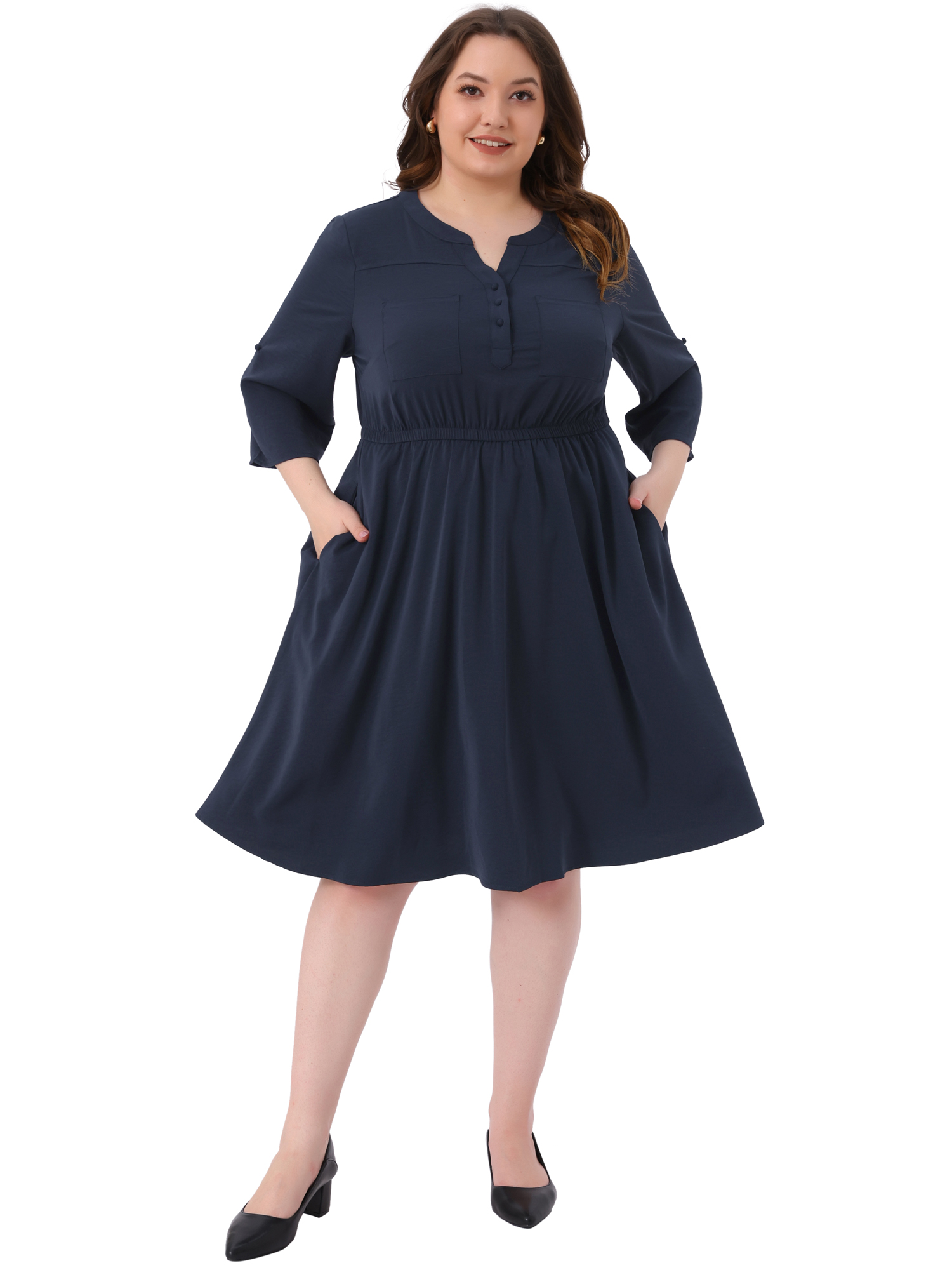 DARING DIVA Plus Size Notch 3/4 Rolled Sleeve Button Midi Shirt Dress 2X Navy Blue