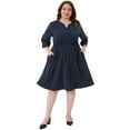 thumbnail image 3 of DARING DIVA Plus Size Notch 3/4 Rolled Sleeve Button Midi Shirt Dress 1X Navy Blue, 3 of 5