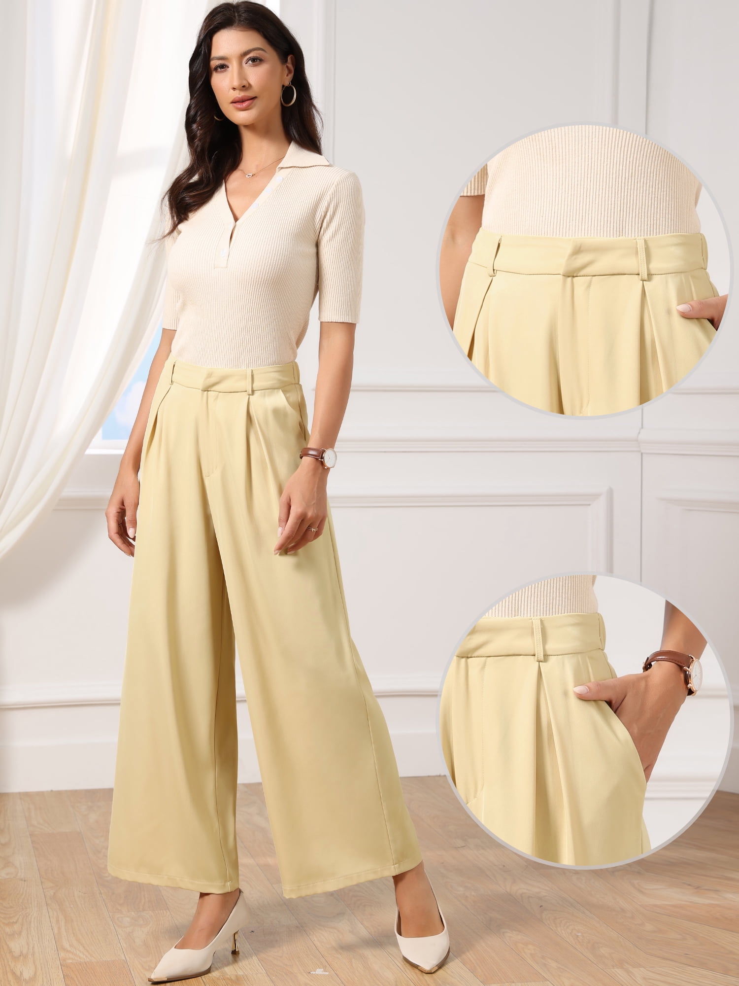 DARING DIVA Women's High Waisted Office Work Palazzo Pants with Pockets Small Khaki