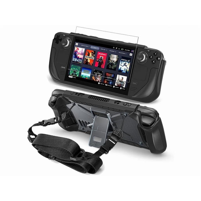 Full Protective Shockproof Case for Steam Deck, a durable TPU and plastic carrying case designed for electronics protection. Features include a foldable kickstand, tempered glass screen protector, and adjustable shoulder strap. The case offers precise cutouts for ports and buttons, heat dissipation vents, and a textured slip-proof grip for secure handling during gaming or transport.