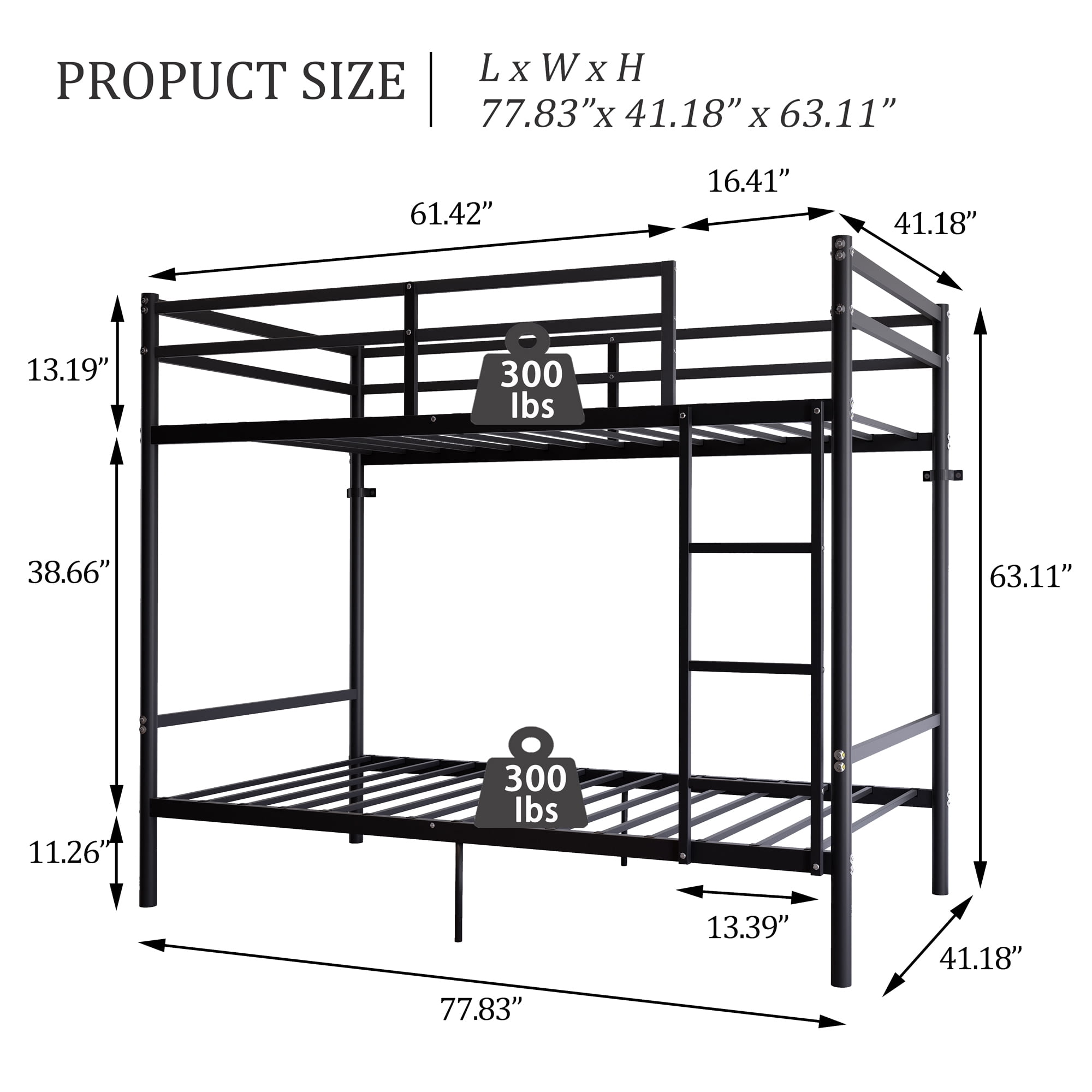 Leumius Twin Over Twin Metal Bunk Bed,Heavy Duty Bed Frame with Ladder and Guardrail for Bedroom, Dorm, Easy Assembly,Space-Saving,Black
