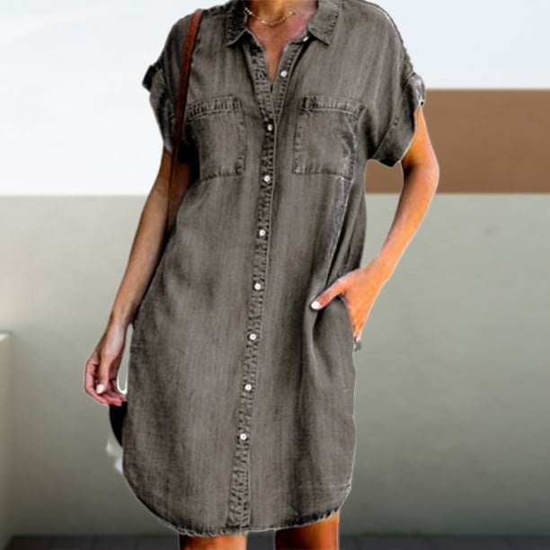 Vestido Vestido con botones para mujer Vestido de mezclilla desgastado de color sólido Vestido de desplazamiento diario Kuymtek Gris T L para Mujer
