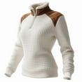 thumbnail image 5 of Women's Quarter Zip Pullover, Retro Western Style Color Block Sweatshirt, Waffle Texture Stand Collar Top, Fleece Lined Casual Shirt, Fall Winter Wear Beige L, 5 of 5