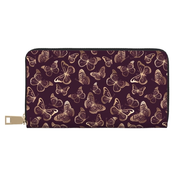 Leather Thin Slim Wallets for Women Men - Beautiful Purple Butterflies Clutch Card Wallet for Women Men with Zipper