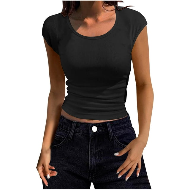 Chbgutlmr Going out Tops for Women Round Neck Short Sleeve Ribbed Slim Basic Tops Summer Casual T Shirts
