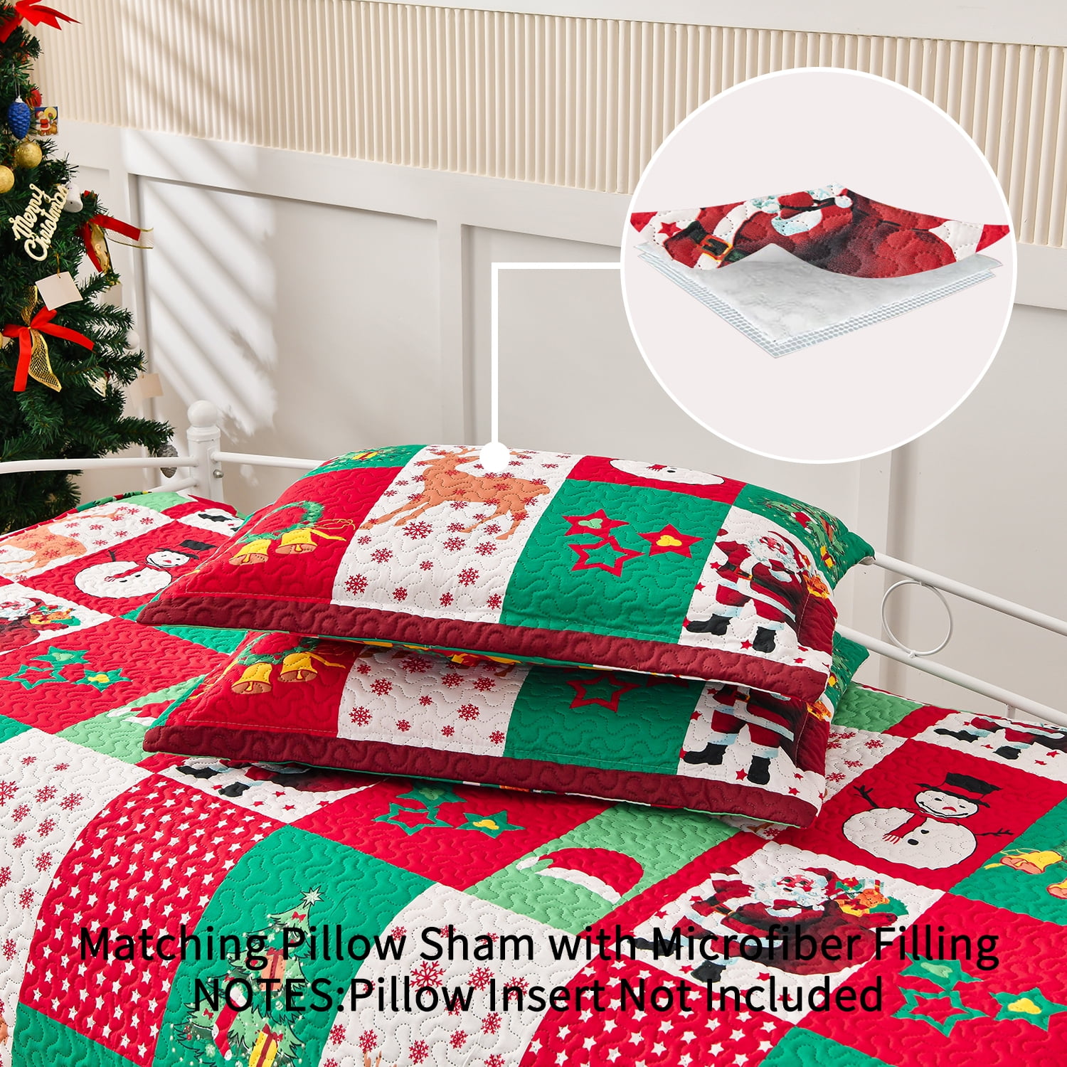 Smuge 3 Piece Christmas Daybed Cover Set, 39"x75" Bell Santa Claus Elk Double Sided Quilting Classic Design, Matching 2 Shams
