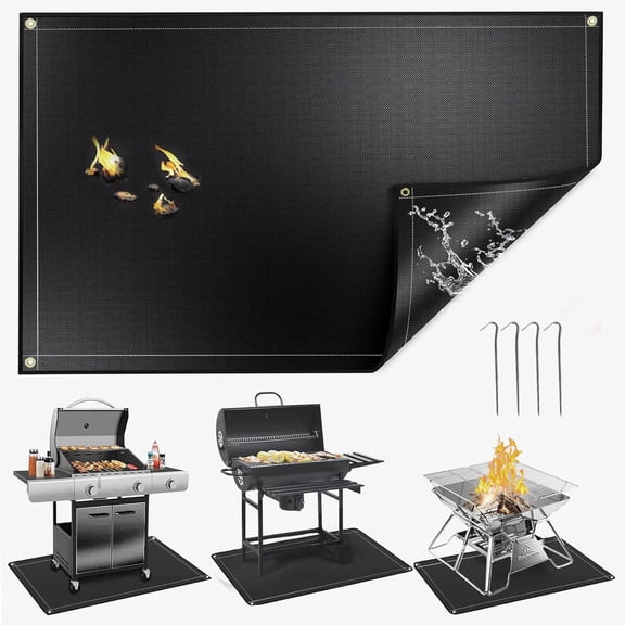Grill Mat 60 × 45 Inch, Oil-Proof Waterproof Fireproof Mat BBQ Protector for Decks and Patios, Indoor Fire Pit Mats, Fireplace Rugs, Black