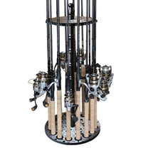 Rush Creek Creations Fishing Rod Round Storage Rack with Freshwater Rod Clips, 16 Rod Capacity-Gray