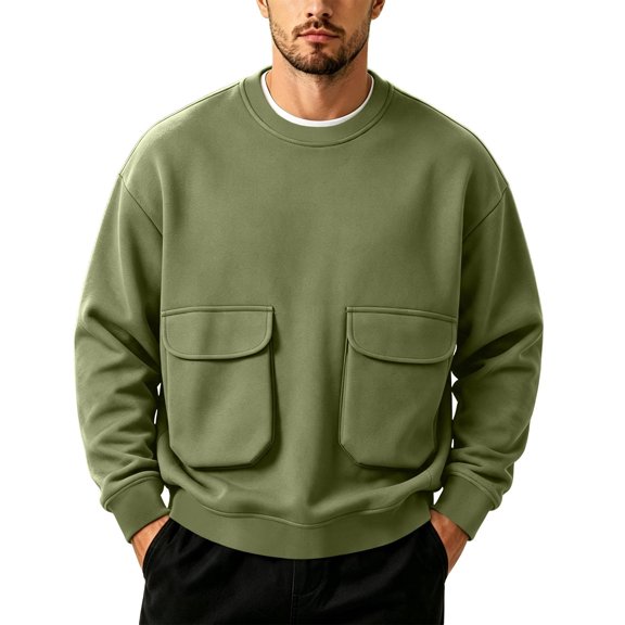 Horkkom Crewneck Sweatshirt Men Long Sleeve Work Casual Shirts Oversized Loose Sweatshirts with Pockets L