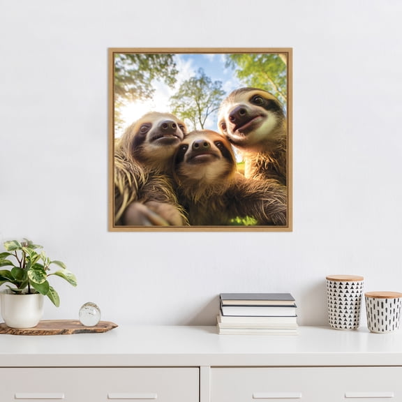 Kate and Laurel Sylvie Funny Animal Sloth Selfie Framed Canvas Wall Art by The Creative Bunch Studio, 22x22 Natural, Funny Cute Animal Art for Wall
