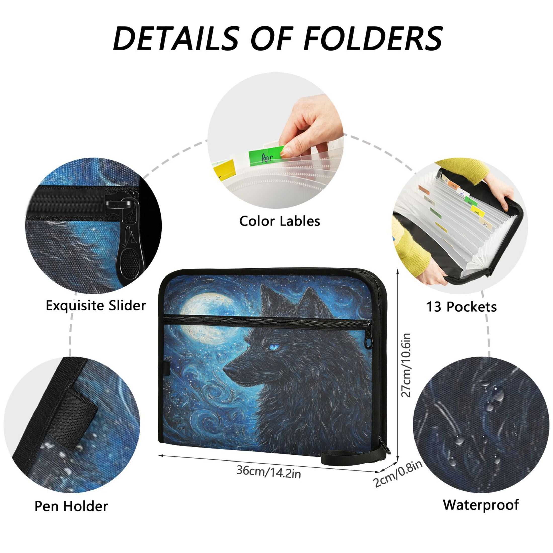 WOBOGO Cool Black Wolf Expanding File Folder Letter Size Accordion Filing Organizer 13 Pocket Separate Organ Pocket