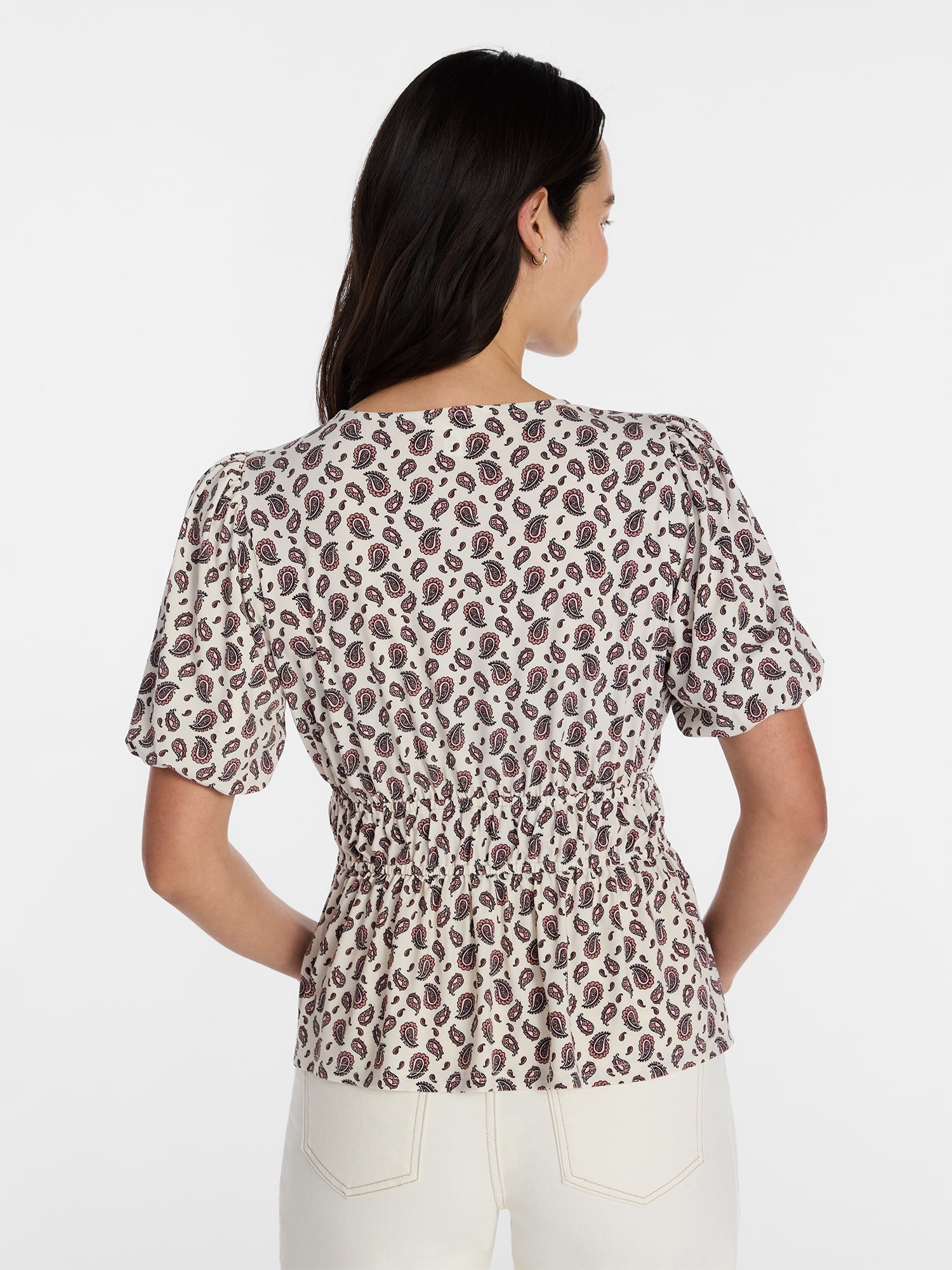 Time and Tru Women's and Women's Plus V Neck Shirred Peplum Top, Sizes XS-XXXL