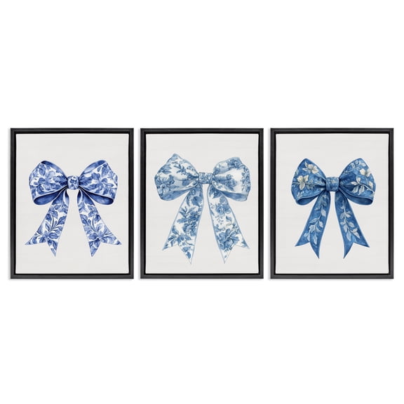 Vintage Toile Pattern Bows 3 Piece Black Framed Floater Canvas Set, design by Lettered and Lined