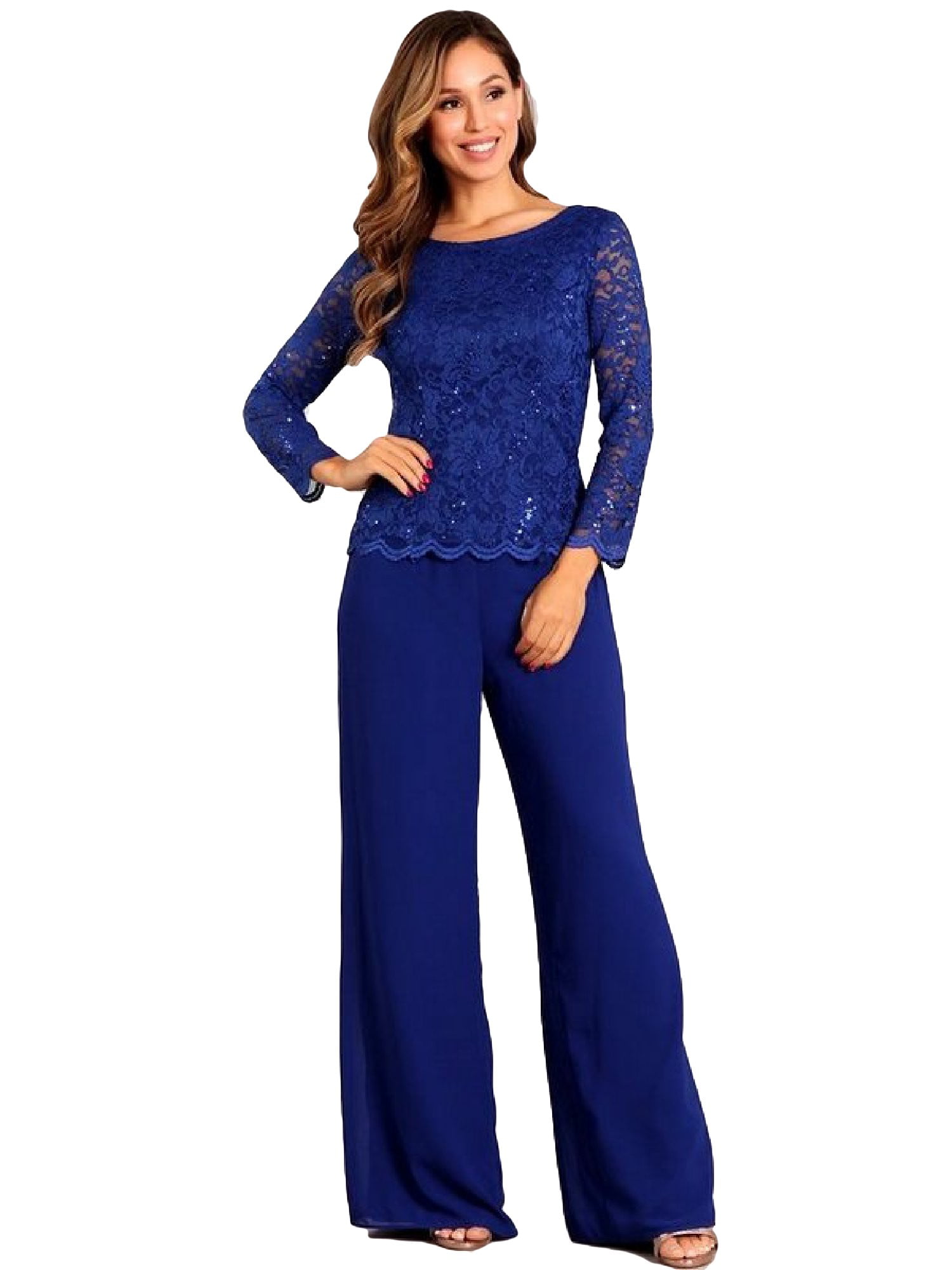 Fanny Fashion Womens Royal Blue Lace Top Full Length Pants Two-Piece ...