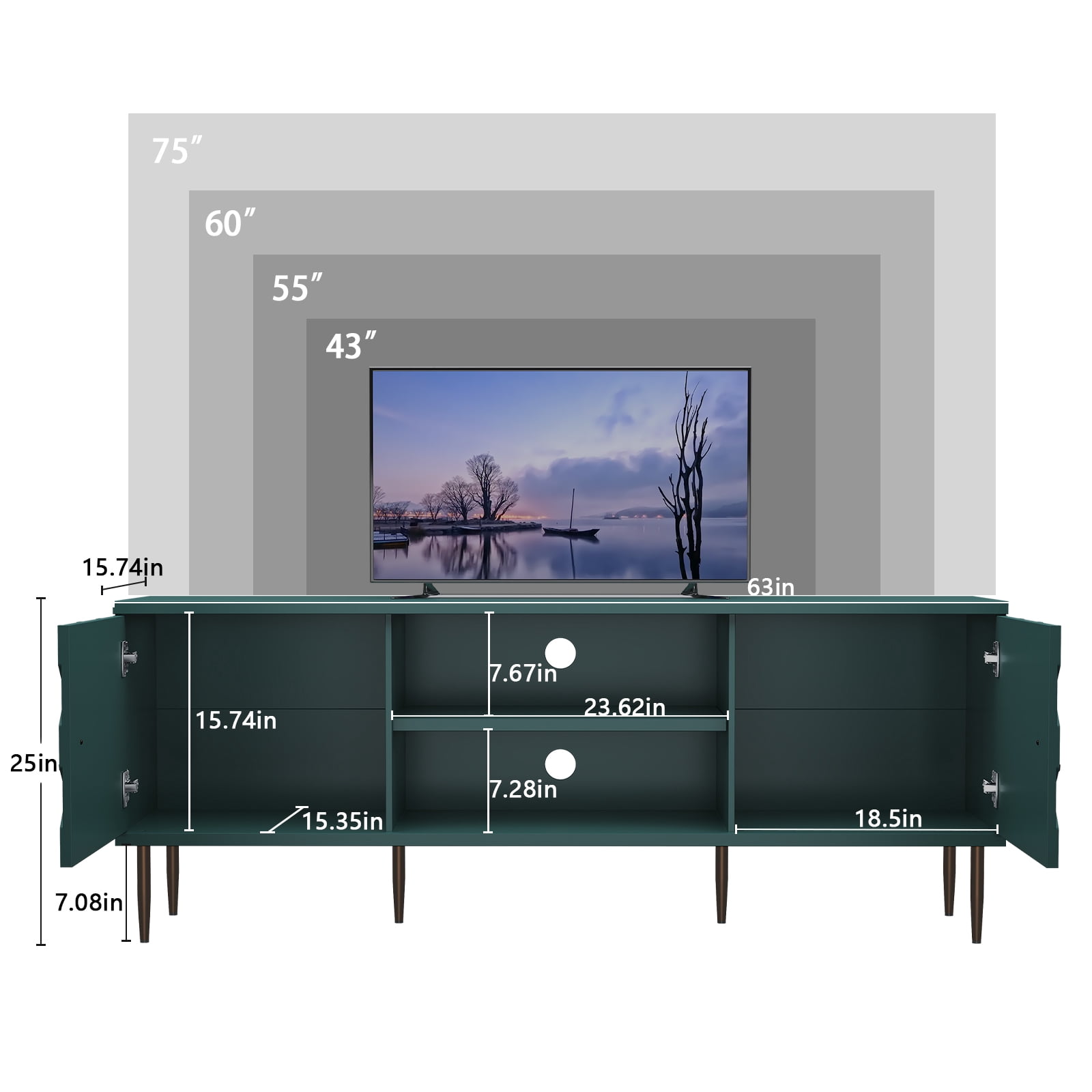 HLR 63" TV Stand, for TVs up to 75", Mid-Century Wood Entertainment Center for Living Room, Green