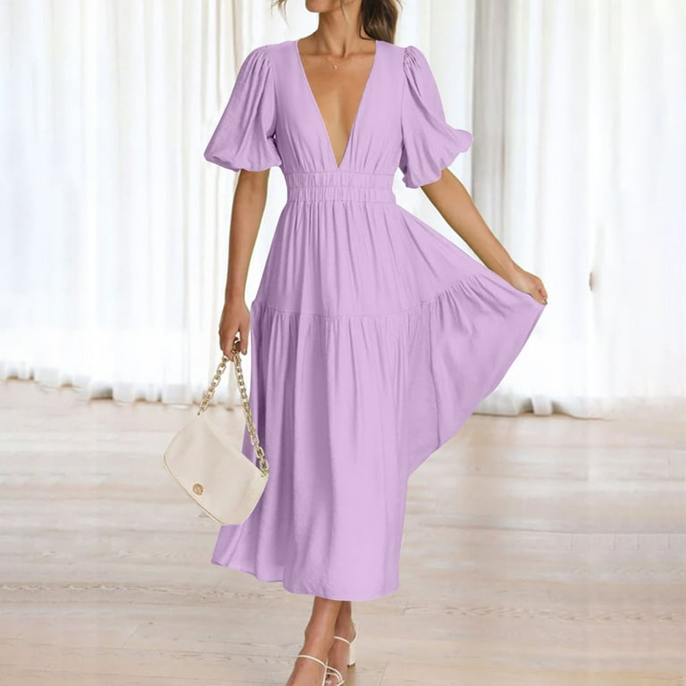 ANKOLA Women's Deep V Neck Puff Short Sleeve Tiered Dress Elastic High Waist Flowy A Line Midi Dresses, Size: Medium, Purple ANKOLA Women's Deep V Neck Puff Short Sleeve Tiered Dress Elastic High Waist Flowy A Line Midi Dresses, Size: Medium, Purple