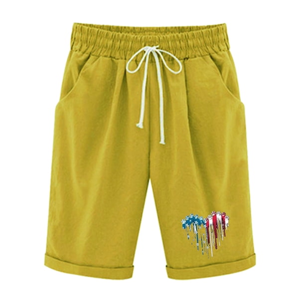 Pantalones Cortos Casuales para Mujer Día de la Independencia Impreso Elástico de la Cintura, Pantalones Cortos de Verano para Mujeres