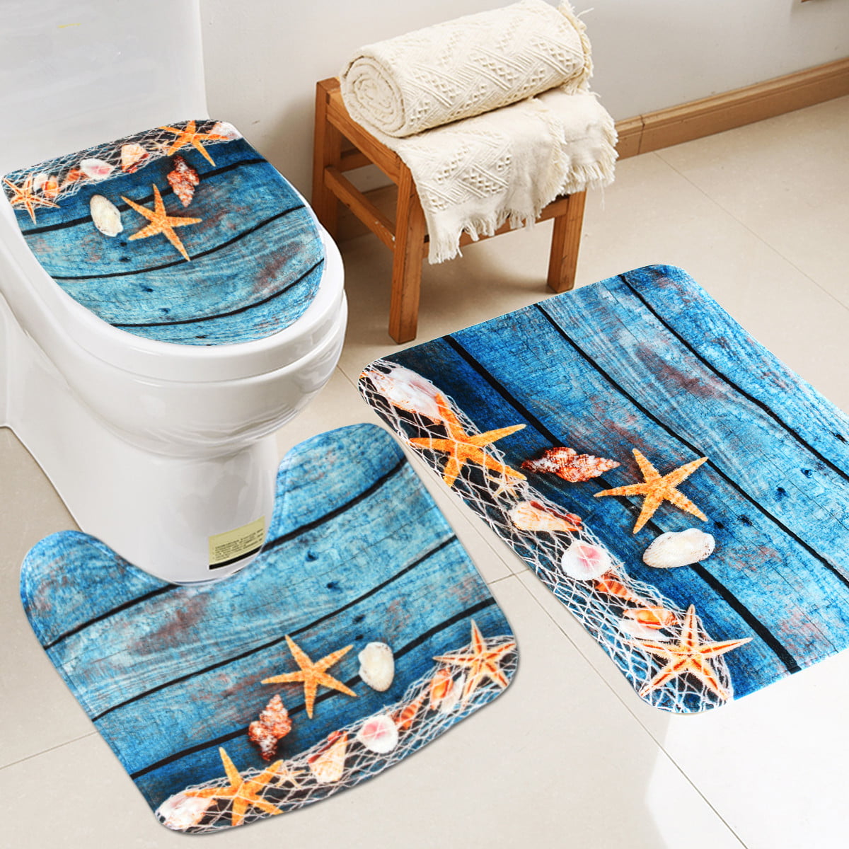 Bath Mat Set 3PCS Bathroom Non Slip Ocean Style Pedestal Rug Lid Toilet Cover 