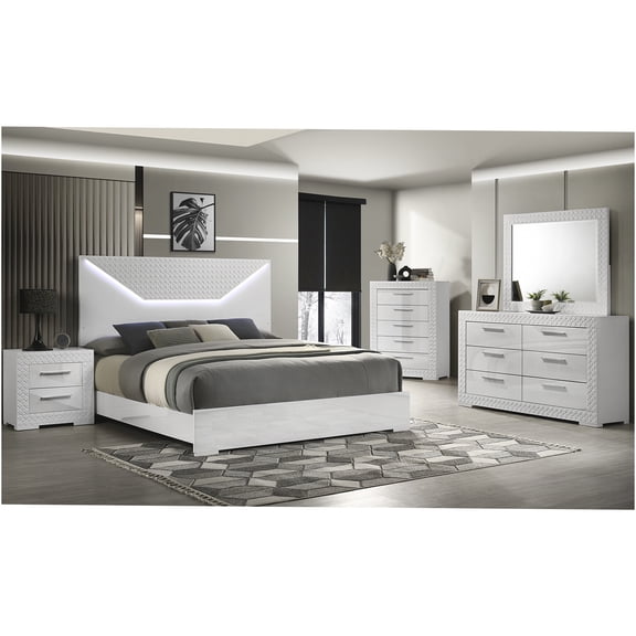 JERFIT 5-Piece Queen Bedroom Set with LED Headboard, Modern White Wood Bed Frame, Dresser, Mirror, Nightstand & Chest