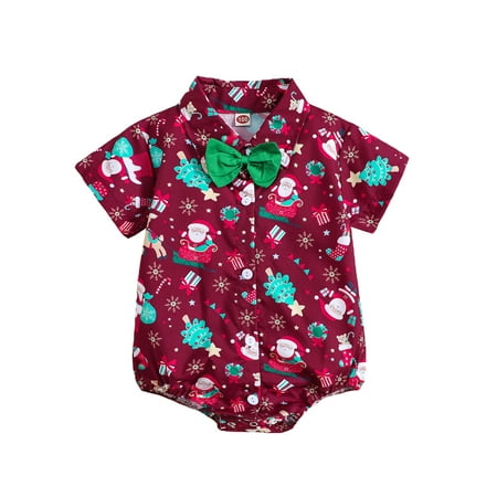 

Button-Up Short Sleeve Romper Shirt with Bowtie for Baby Boys on Christmas