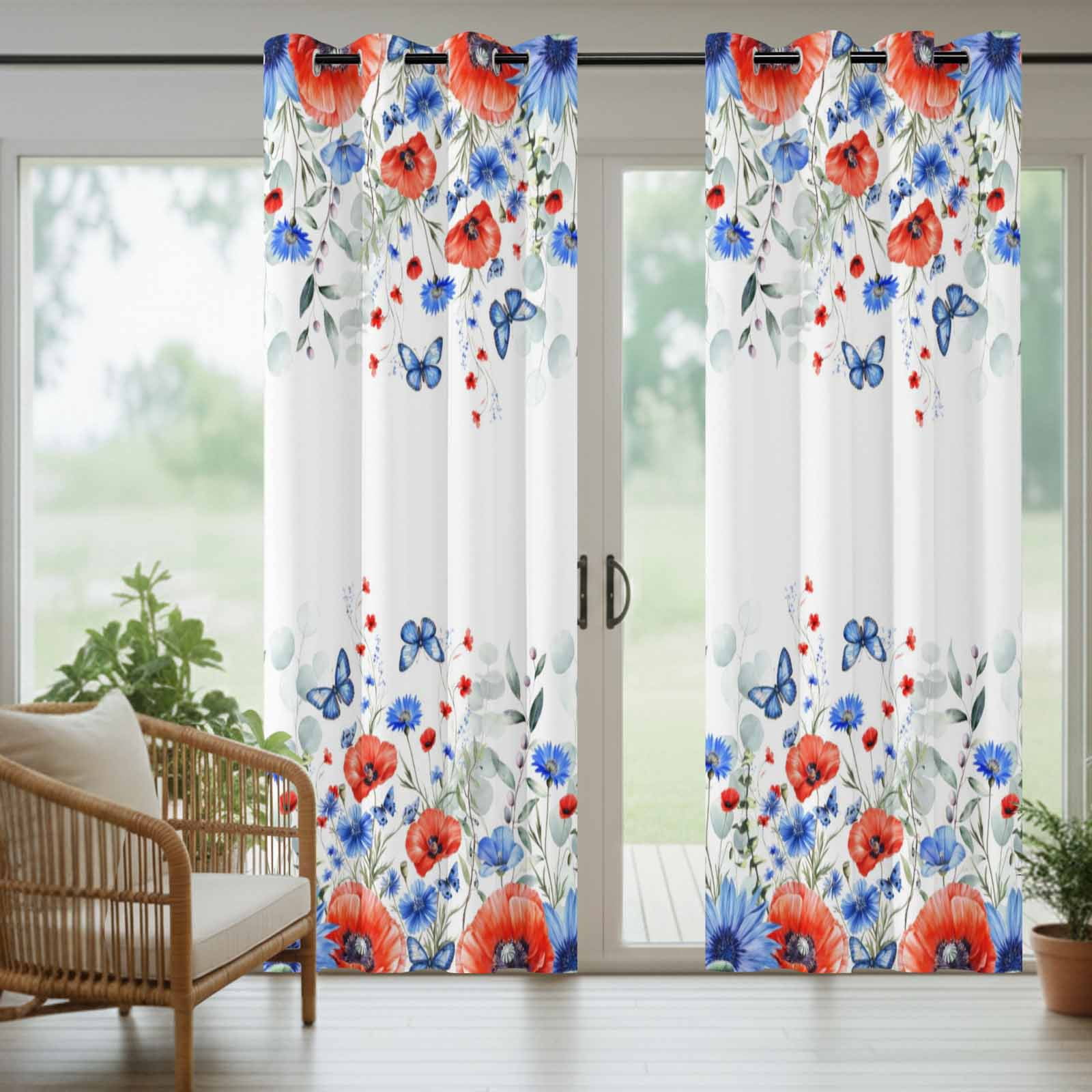 Independence Day Outdoor Curtains for Patio, Red Blue Poppy Butterfly Eucalyptus Leaf Sunshade Privacy Drapes Grommet Waterproof Outside Curtains for Porch/Cabana/Balcony 54"x 108", 1 Panel