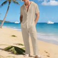 thumbnail image 2 of Awwp Men Set Summer Matching Set for Men Holiday Shor Sleeve Shirts 2 Piece Sets Trendy Long Pants Button Button With Hooded Khaki L, 2 of 7