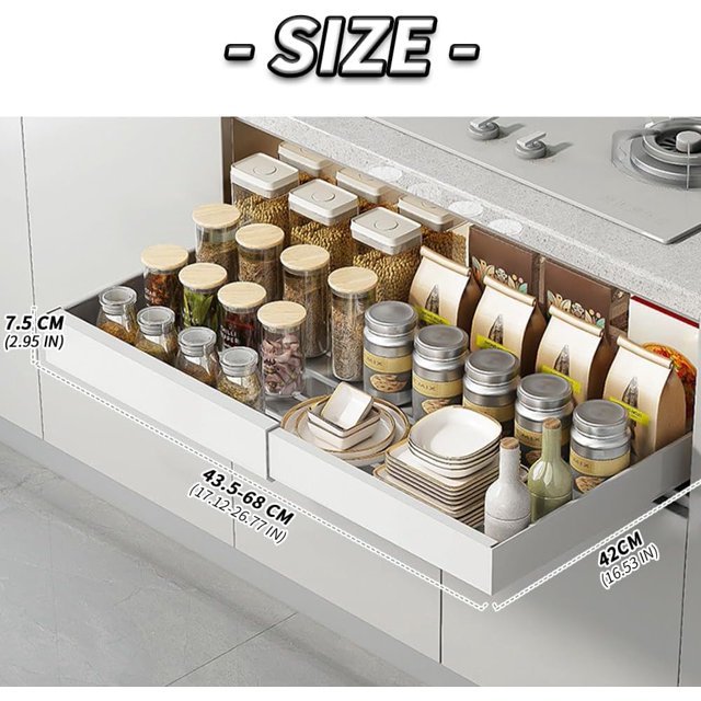 Expandable Cabinet Organizer with Adhesive, Pull Out Drawer for Kitchen, Pantry and Bathroom Storage