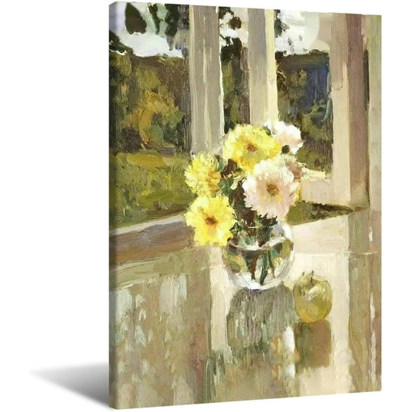 AIR-Flowers in the Vase Canvas Wall Art Bright Spring Wall Art Mason Jar Daisy Flower Wall Art Floral Pictures Wall Decor Vintage Artwork for Living Room Bedroom Decoration 12 x 16 Inch Unframed