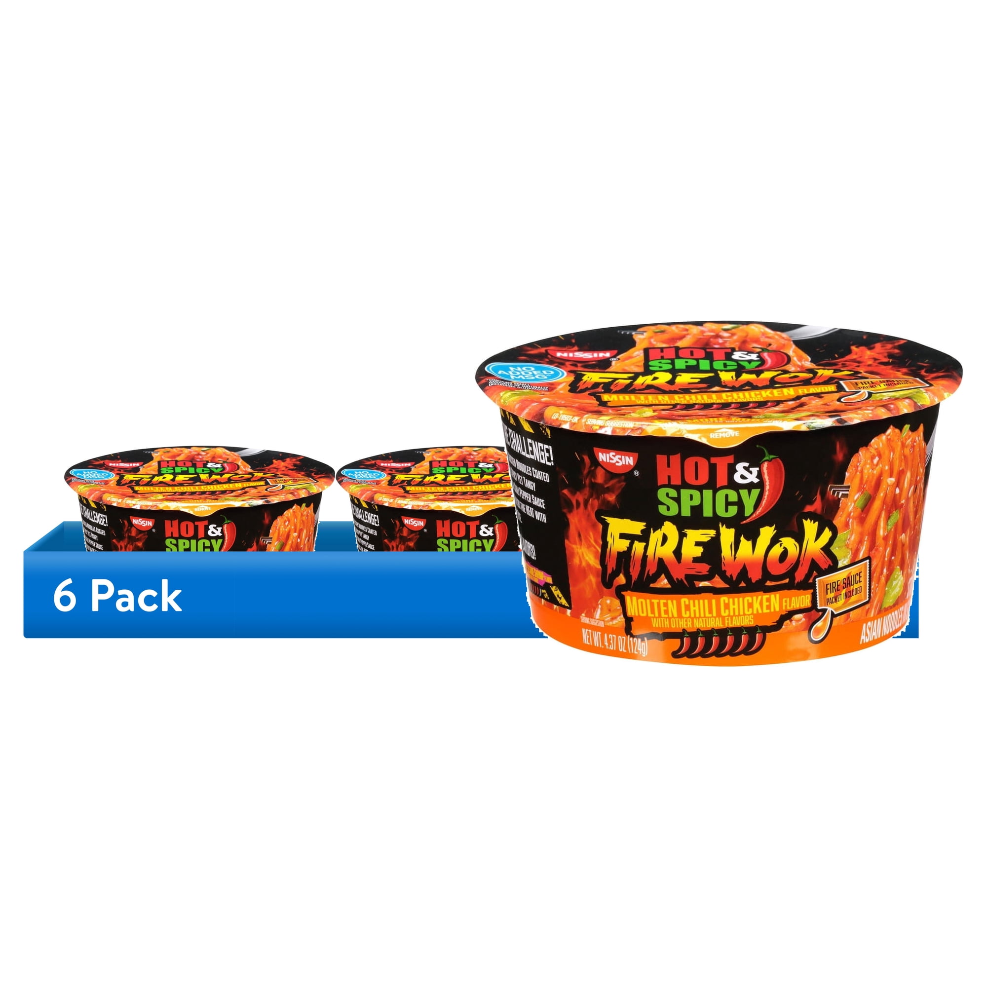 (6 pack) Nissin Foods Hot & Spicy Fire Wok Stir Fry Asian Noodles, Molten Chili Chicken Flavor, 4.37 oz Bowl, Shelf-Stable