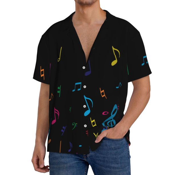 Fotbe Color Musical Notes Camisa Estampada de Manga Corta para Hombre, Casual de Verano, Estilo Playero, Sin Arrugas-XX-Large
