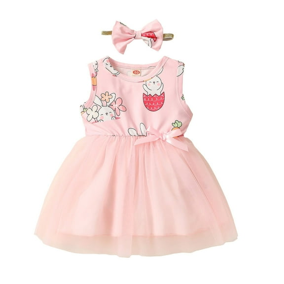 Baby Girls Easter Dress Sleeveless Cute Cartoon Bunny Egg Prints Patchwork Tulle Tutu Dress With Headband Outfit