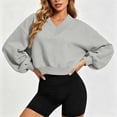 thumbnail image 2 of Hurxie Cropped Sweatshirt for Women, V Neck Acid Wash Crop Pullover, Soft Fleece Long Sleeve Sweatshirt for Women Gray,M, 2 of 6