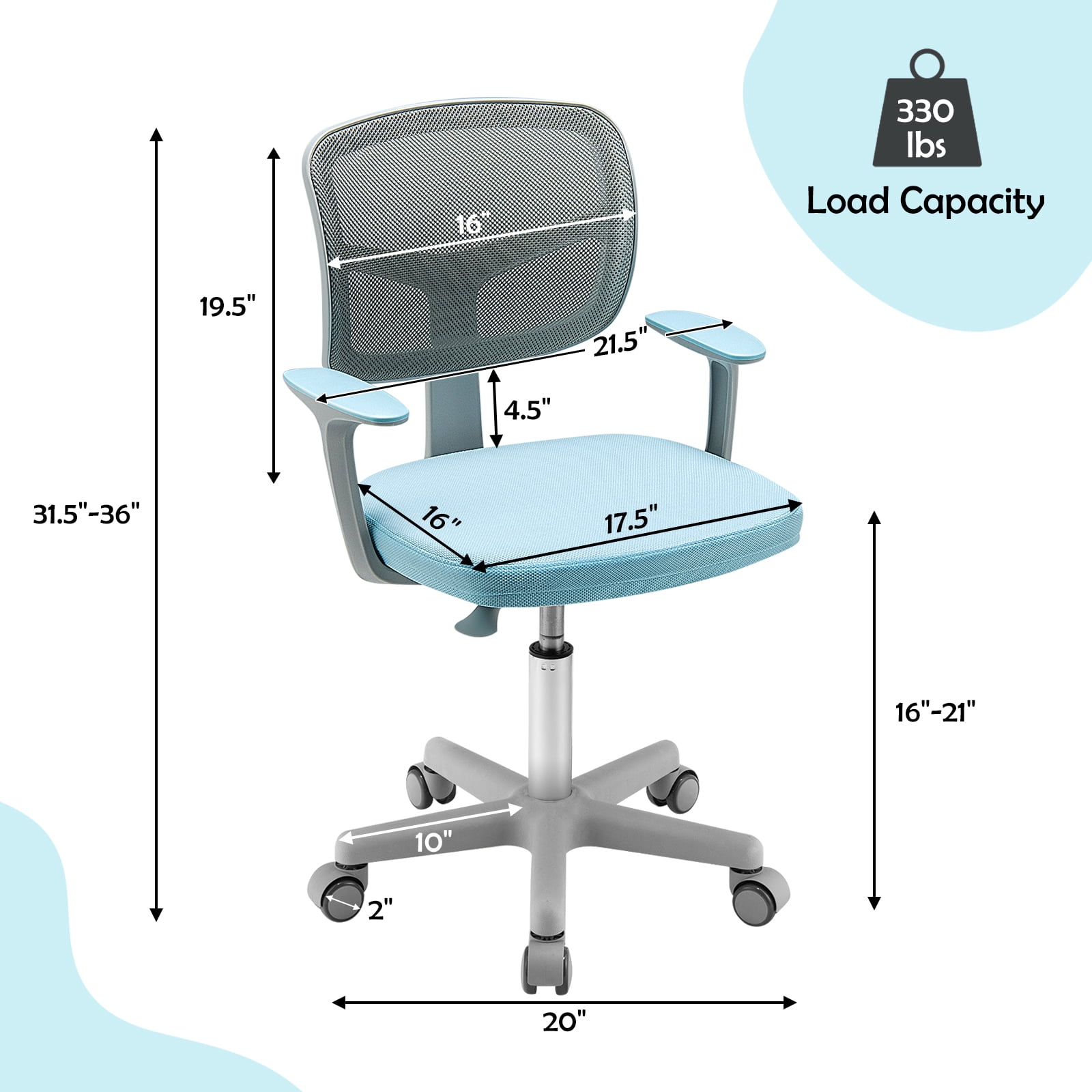 Gymax Kids Desk Chair Adjustable Height Children Study Chair w/ Auto Universal Casters Blue