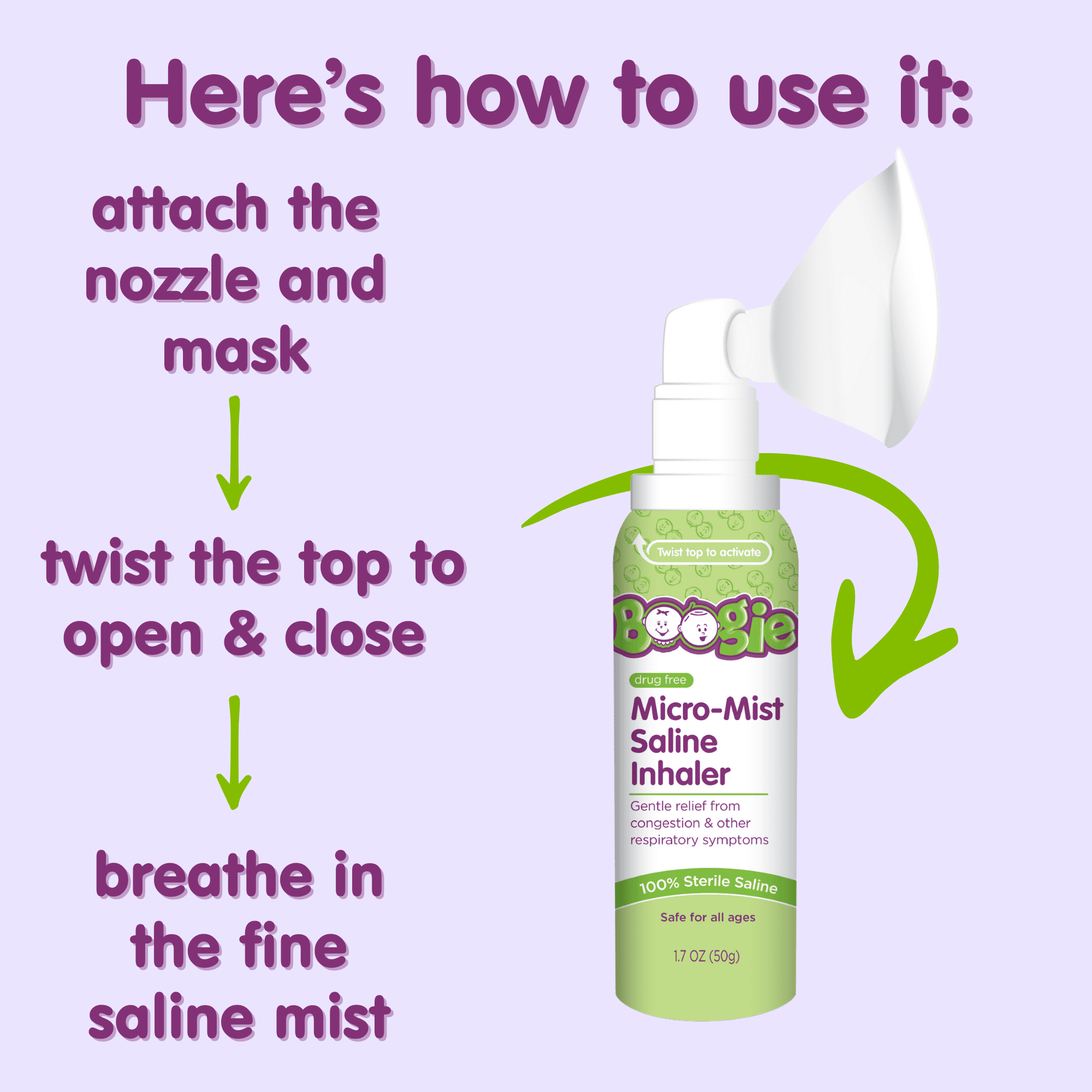 (2 pack) Boogie Sterile Drug-Free Micro-Mist Saline Inhaler for All Ages