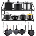 thumbnail image 1 of Hanging Pot Rack, 2 Tier Pan Rack, Wall Mounted Pot Holders for Kitchen Storage, Pot and Pan Organizer with 10 Hooks, Ideal for Pans Set, Utensils, Cookware, Household, 1 of 5