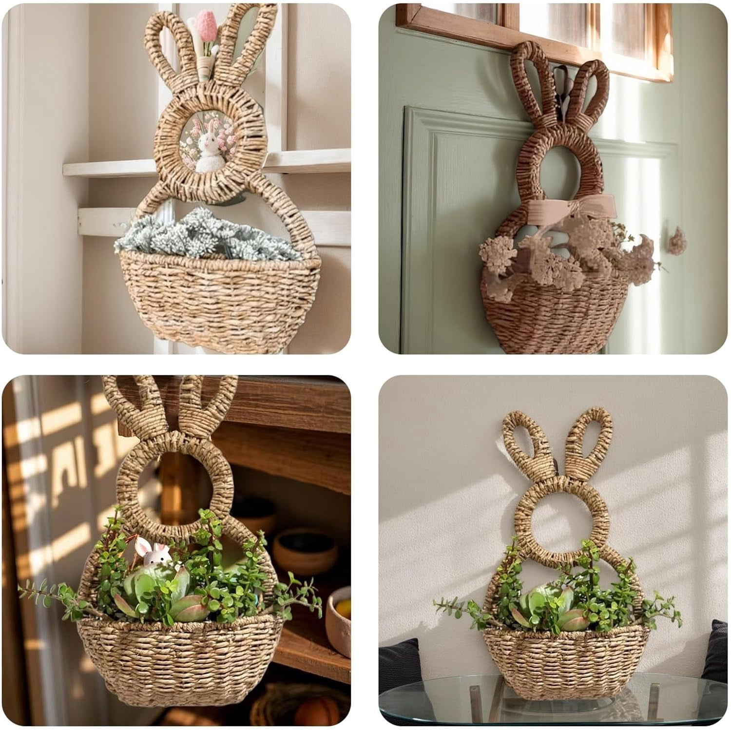 Bunny Basket Hanging Wall Pocket Spring Decor, Hand Woven Wicker Easter Basket Hanging Ornament, Handmade Wicker Easter Candy Eggs Baskets for Easter Eggs Storage (1PCS)