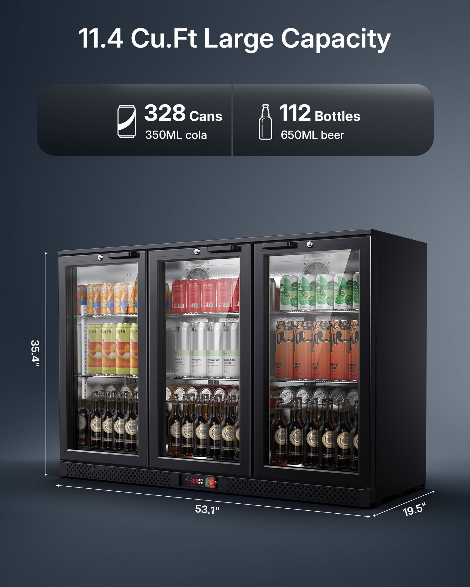 Upstreman 11.4 Cu.Ft Wine and Beverage Refrigerator, Three Zone Wine Cooler Beverage Fridge 3 Glass Door Commercial Refrigerator, 112 Bottles and 328 Cans, BB114