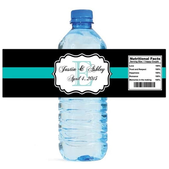 100 Black with Blue Stripe Monogram Wedding Anniversary Engagement Party Water Bottle Labels 8"x2"