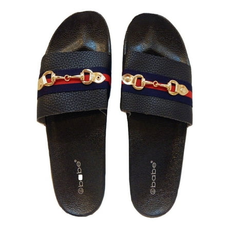 

Beaute Fashion Trendy Horse-Bit Buckle Women s Sport Slides Flip Flop Slip-on Sandals (Size 6 Navy/Red)