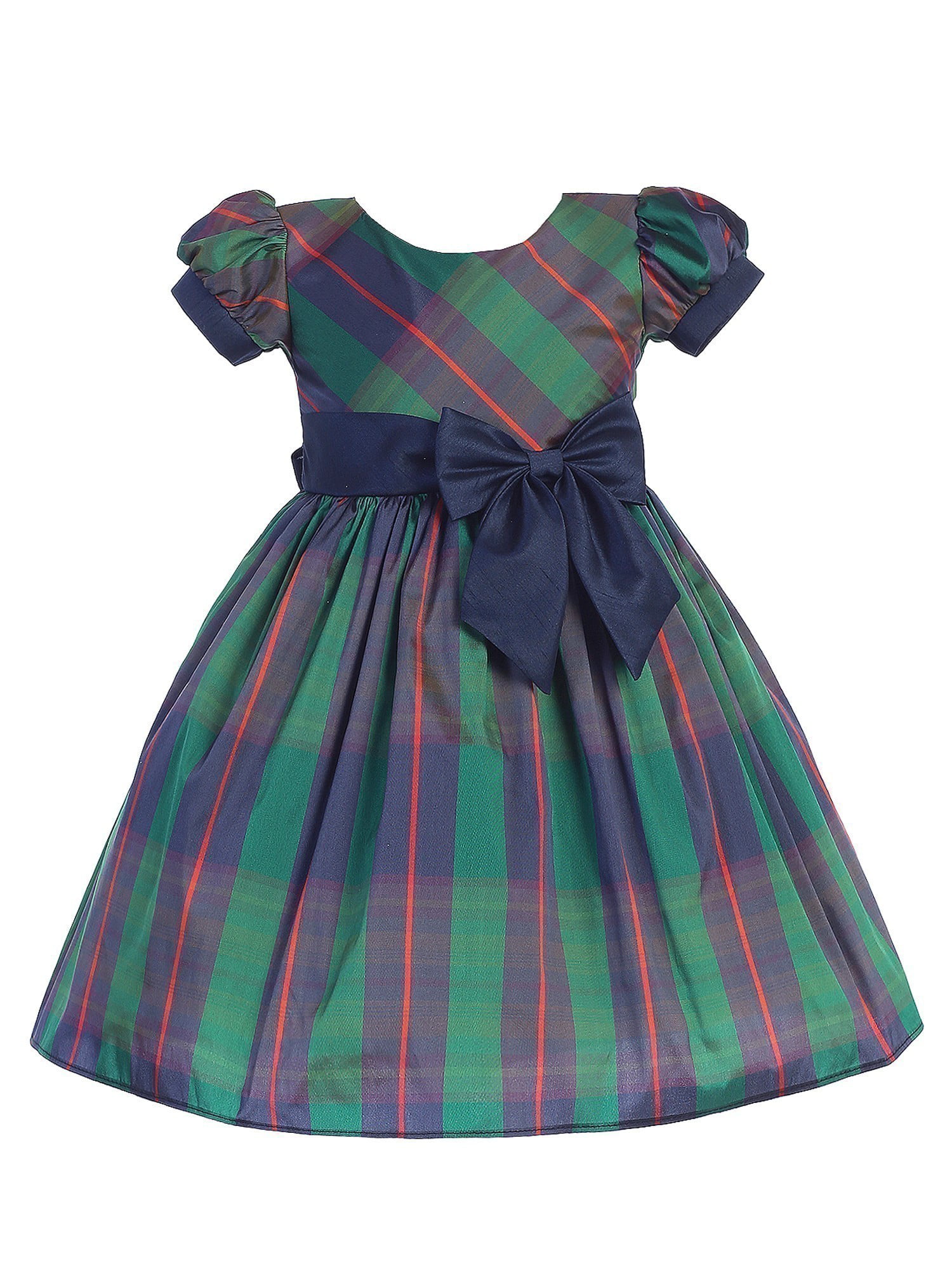 Lito Lito Toddler Girls Blue Green Plaid Short Sleeve Ribbon Christmas Dress