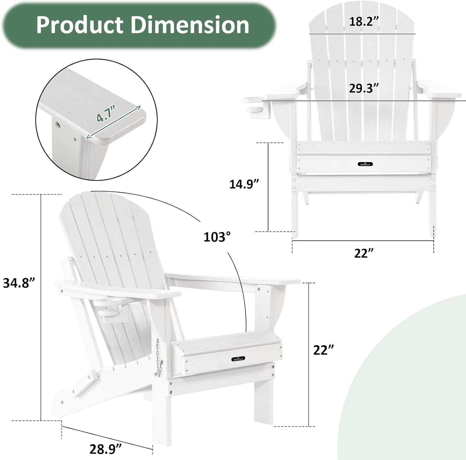 Withniture Folding Adirondack Chair Wood Texture, Patio Chair Weather Resistant, Wood Plastic Fire Pit Chair with Cup Holder, for Lawn Outdoor Porch Garden Backyard Deck (White)