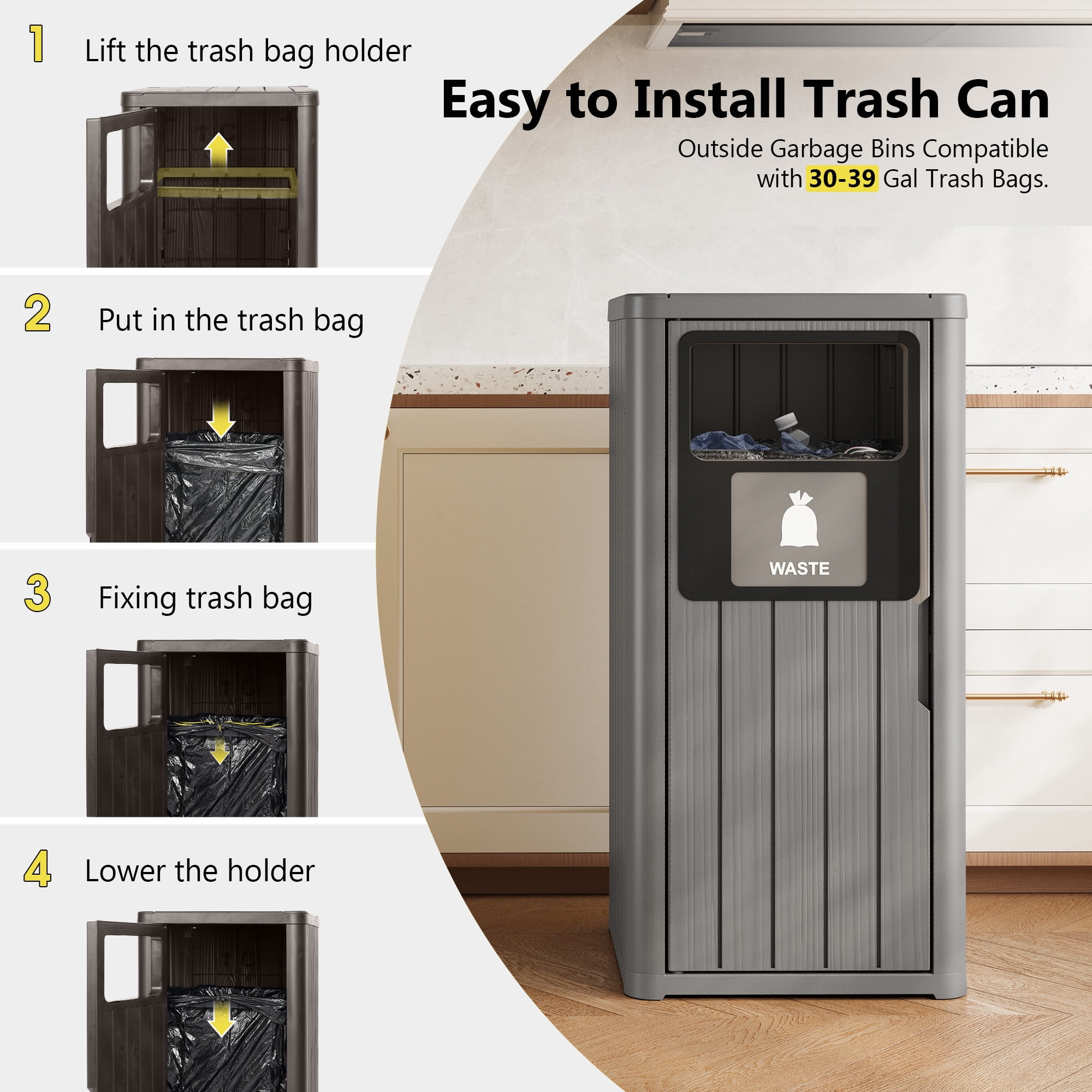 Nihsuao 42 Gallon Resin Trash Can, Durable & Waterproof Outdoor Garbage Bin with Garbage Labels, Weather-Resistant Waste Bin for Indoor Kitchen, Outdoor Porch, Backyard, (Gray, 1)