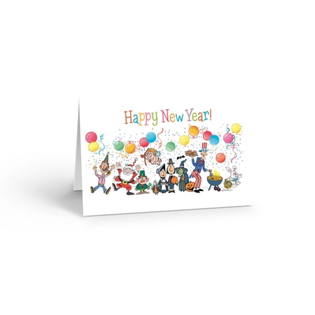 Designer Greetings Colorful Circle Confetti Floating Down into a Pile New Year Card