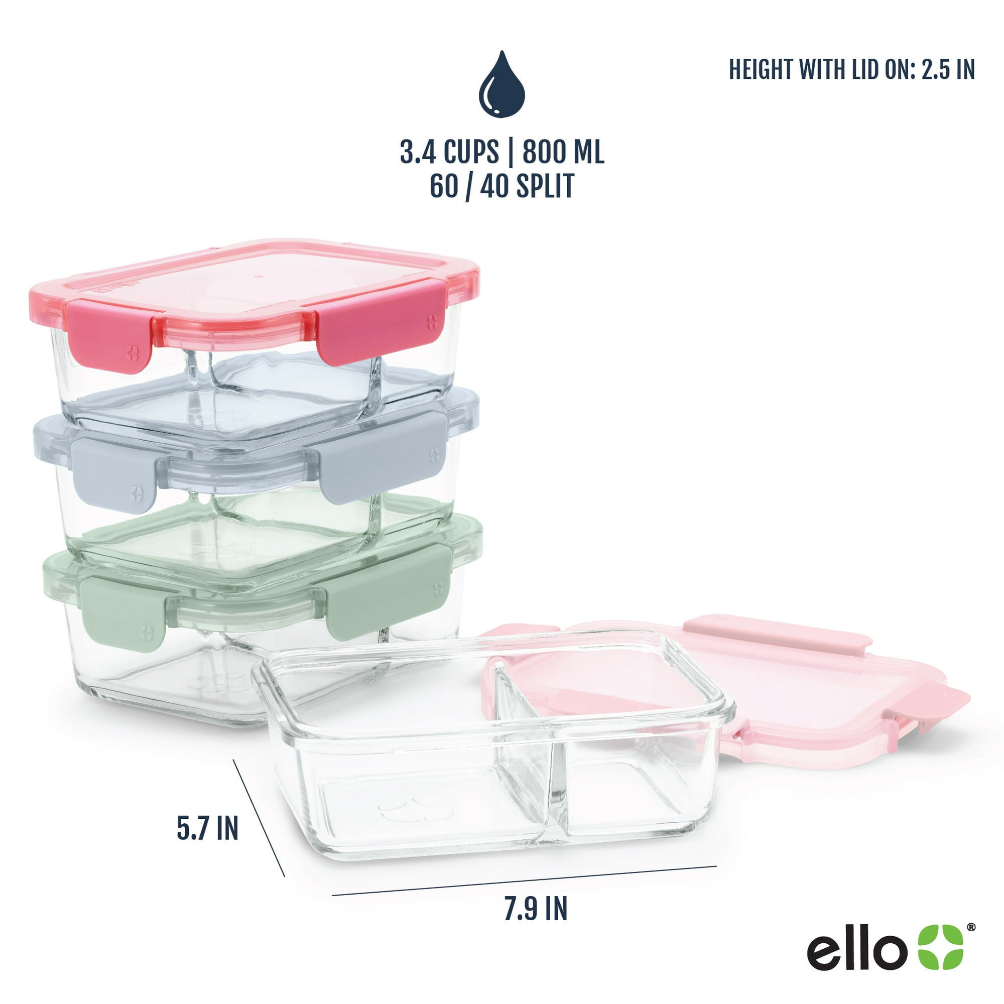 Ello Color Lock 8pc 3.4 Cup Divided Glass Meal Prep Set