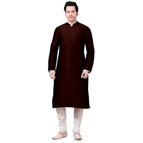 Royal Kurta Men's Dupion Silk Contrast Piping Kurta Churidar Brown