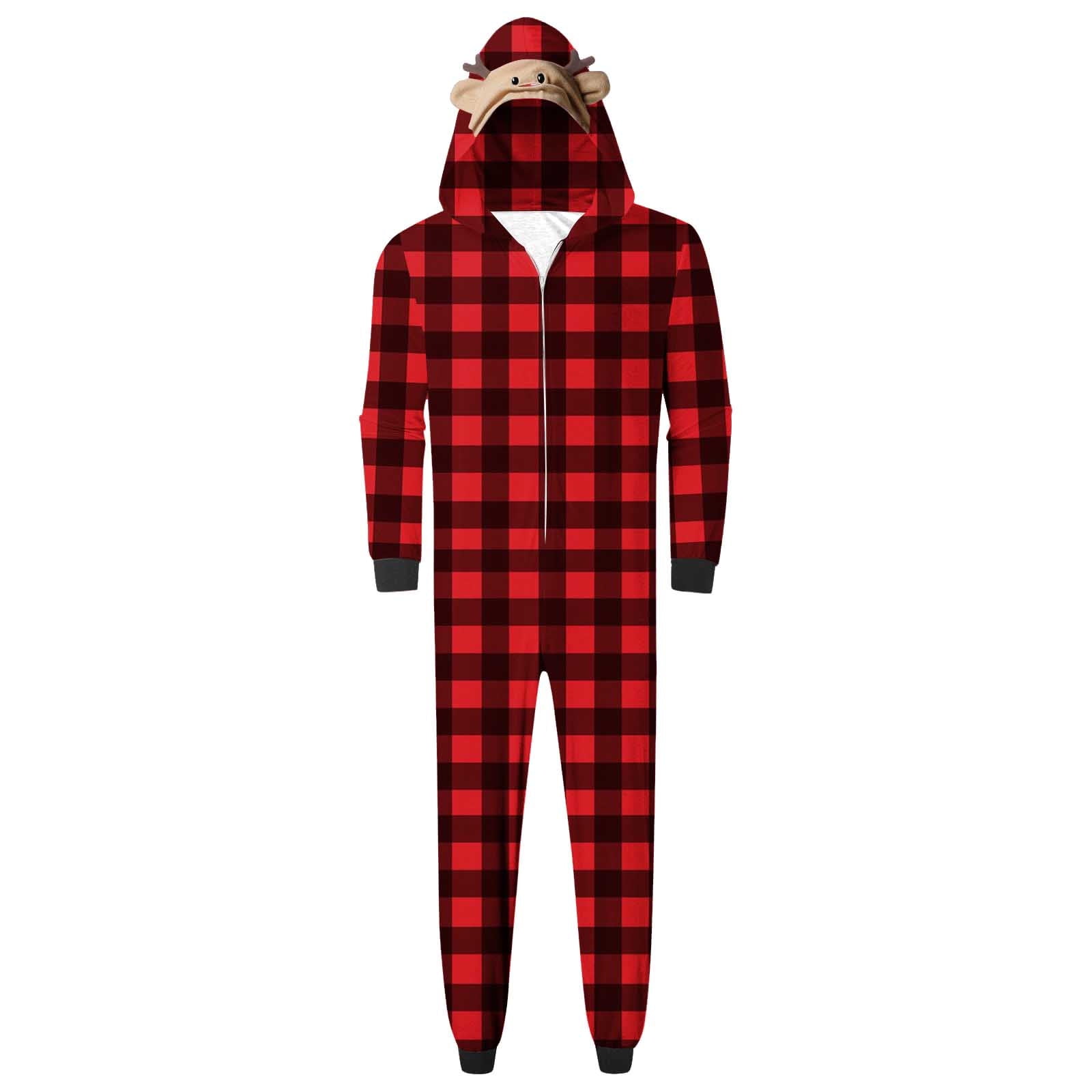 WREESH 2025 Mens Plaid Hooded Onesie Christmas Family Matching Pajamas Cozy Fleece Loungewear Long Sleeve Holiday Sleepwear Set