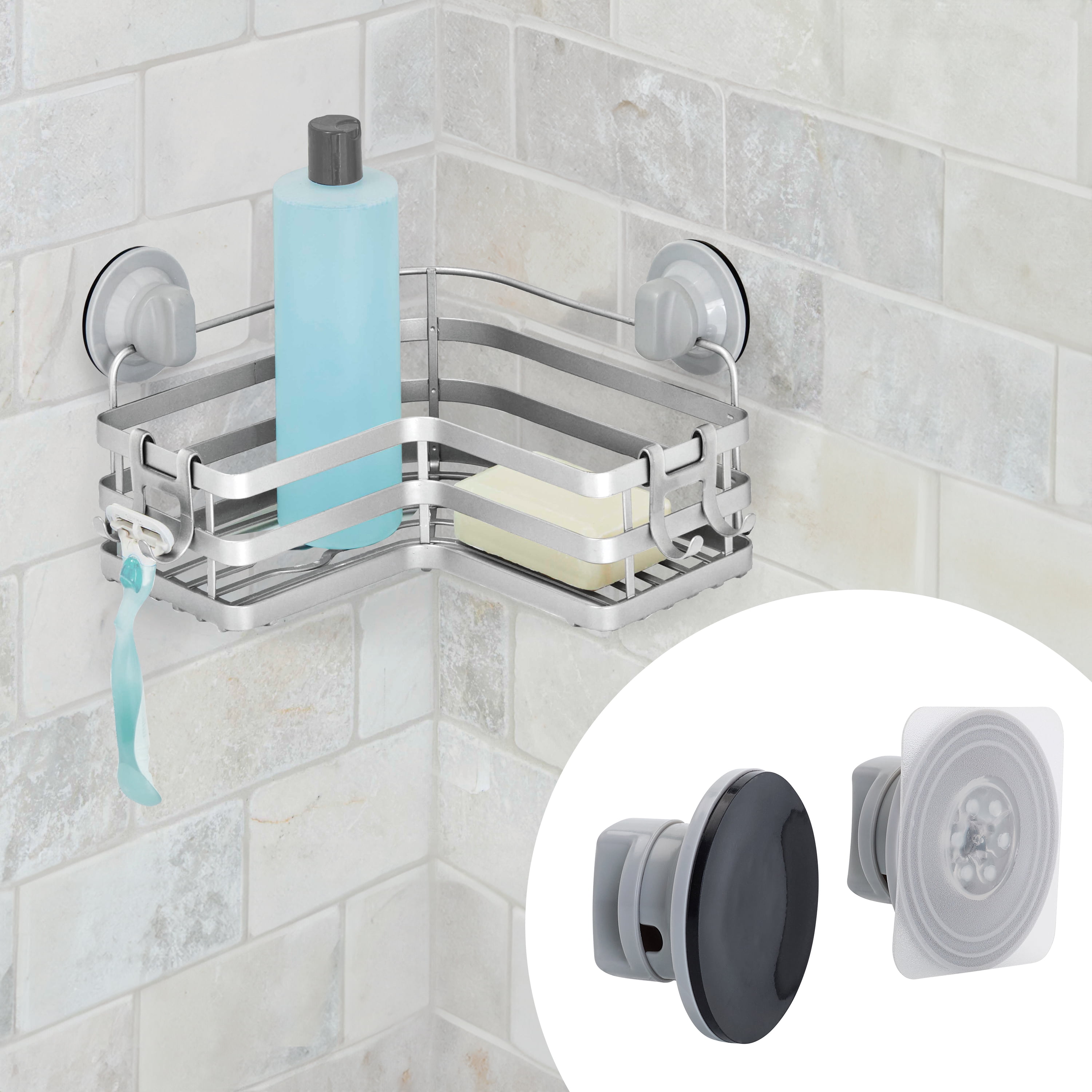 (2 pack) Better Homes & Gardens Adhesive or Suction Mount Steel Shower Corner Storage Basket, Satin Nickel