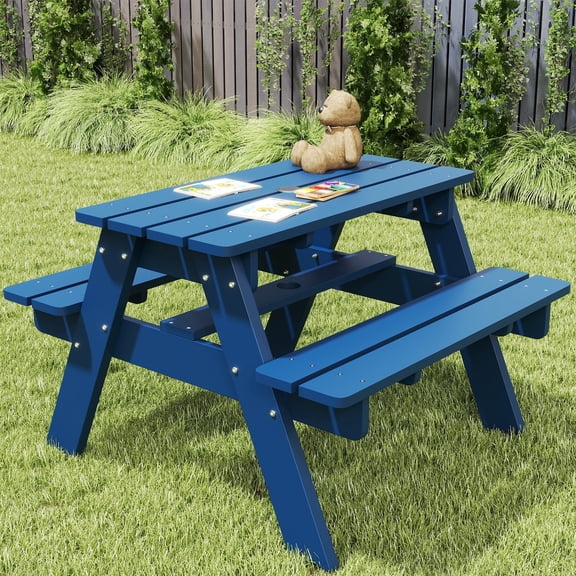 FOOWIN Kids Picnic Table, HDPE All Weather Outdoor Picnic Table and Chair Set, Navy Blue