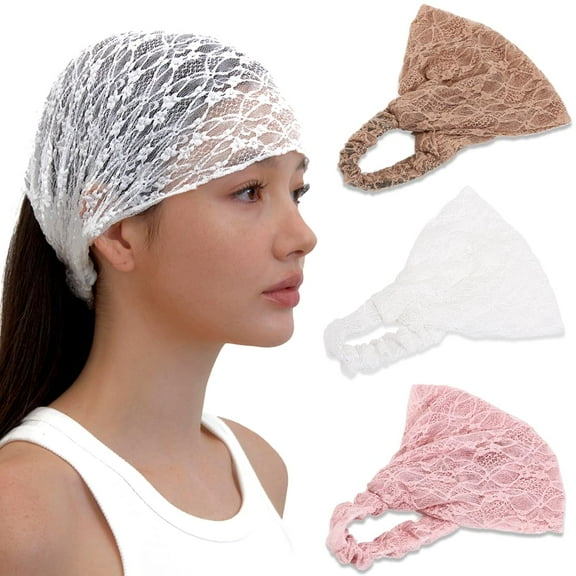 LinYooLi 3 Pack Soft Lace Wide Headbands for Women,2 Ways Bandana Hairband for Girls Daily Hair Accessories (Black Beige Blue, One Size)