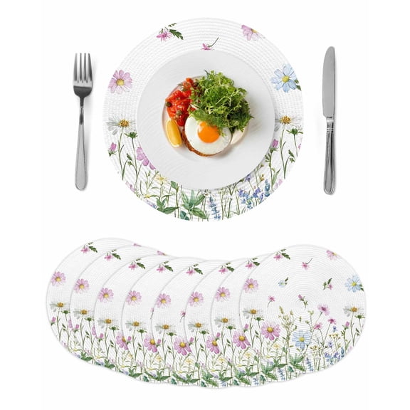 Round Woven Placemats set of 8, Pink Blue Daisy Floral Washable&Heat Resistant Plastic Wipeable Placemats for Round Table Wildflowers Herbs Botanical Kitchen Dining Table Decor, 13in, White